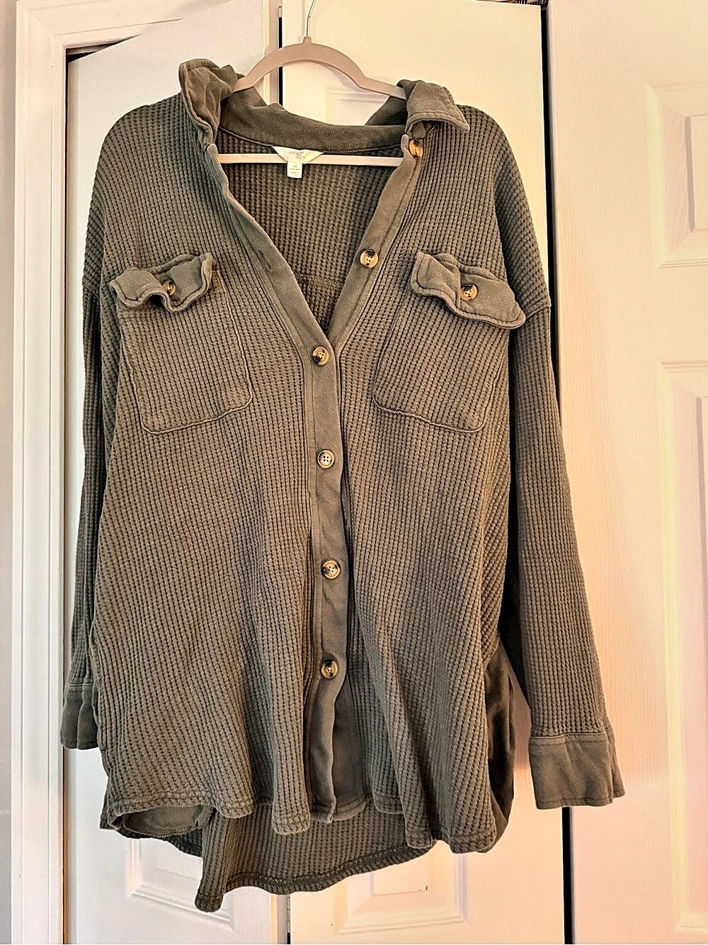Terra & Sky Waffle Knit Button-Front Shacket Green